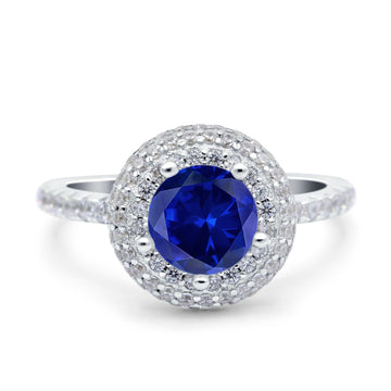 Halo Art Deco Wedding Ring Round Simulated Blue Sapphire CZ 925 Sterling Silver